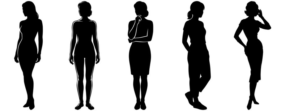 Set of five elegant female silhouettes in different poses