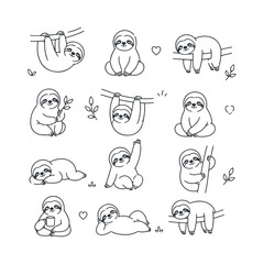 Fototapeta premium Sloth character doodle set Cute doodle character vector on white background