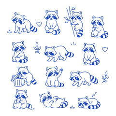 Obraz premium Raccoon character doodle set Cute doodle character vector on white background