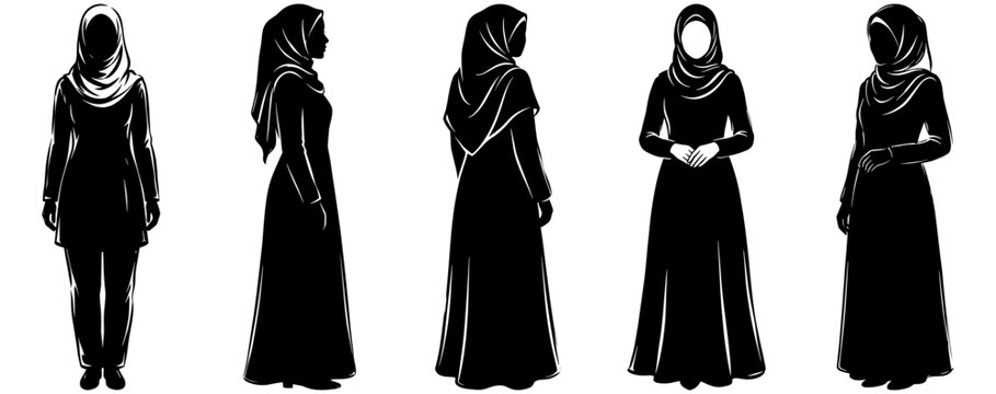 Muslim Women Silhouettes in Hijab and Modest Fashion Outfits
