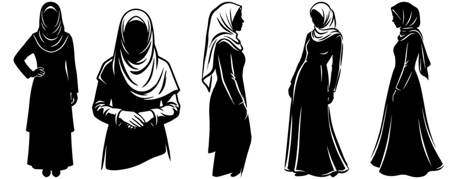 Set of Muslim Women Silhouettes in Hijab and Modest Clothing
