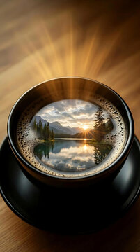 Surreal concept of a peaceful mountain lake sunrise reflected inside a black coffee cup on a wooden table