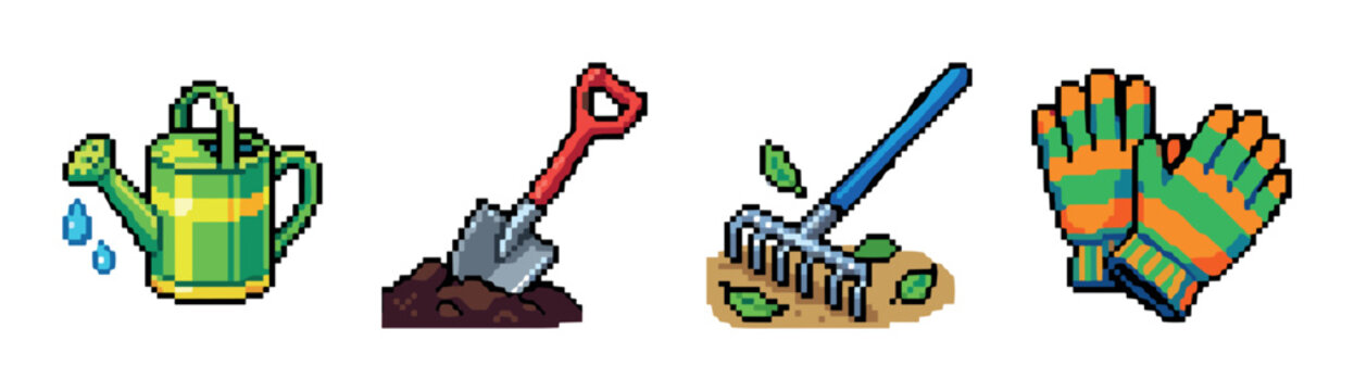 Watering can, shovel, rake, and gardening gloves pixel art icons set, representing various tools for garden work and cultivation in a retro 8-bit style