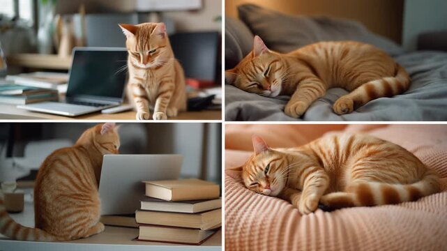 Cute ginger cat sleeping and sitting in various domestic settings, showcasing feline comfort and relaxation at home