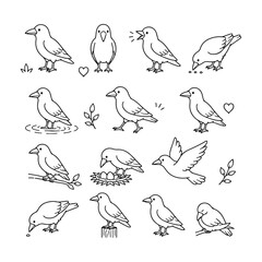 Fototapeta premium Crow character doodle set Cute doodle character vector on white background