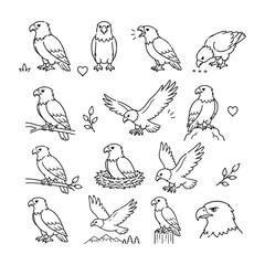 Fototapeta premium Eagle character doodle set Cute doodle character vector on white background