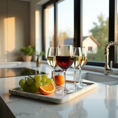 Obraz premium Four wine glasses with red and white wine sit on a marble tray with grapes and orange slice. Kitchen counter with sink and window view. Soft golden hour light.