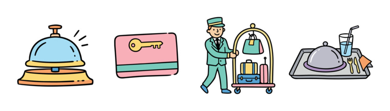 Hotel service bell, key card, bellboy with luggage, and room service tray icons, a charming hand-drawn vector illustration set depicting various hospitality elements