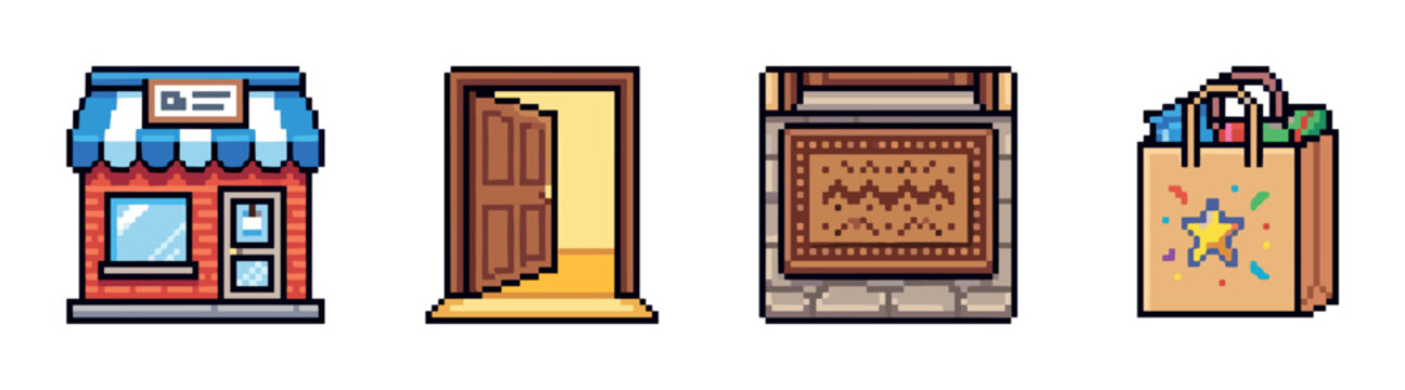 Shop building, open door, welcome mat, and shopping bag pixel art icons set for retro video games or digital design projects