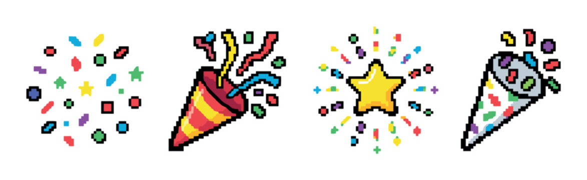 Confetti popper star explosion pixel art icons set, featuring colorful party elements and celebration symbols in a retro 8-bit video game style vector illustration