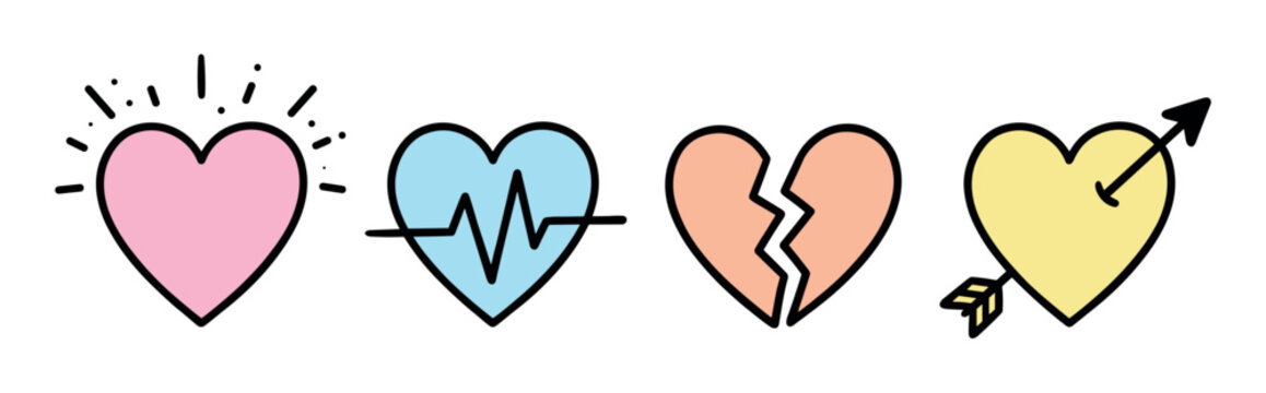 Heart love heartbeat broken arrow icons set, representing various emotions and conditions of the human heart in a doodle style vector illustration
