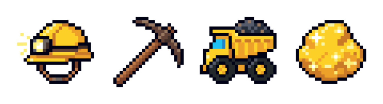 Mining hard hat, pickaxe, dump truck, and gold nugget pixel art icons for game design elements or digital assets