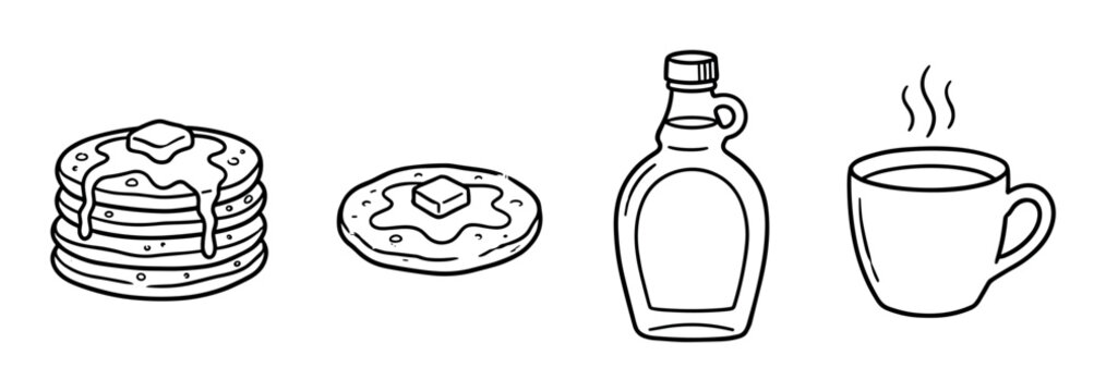 Pancakes stack, single pancake, maple syrup bottle, and hot coffee cup icons in a hand-drawn doodle style vector illustration set for breakfast menus and food designs