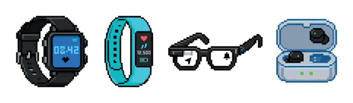 Smartwatch fitness tracker smart glasses wireless earbuds pixel art icons set, representing modern wearable technology devices in a retro 8-bit style vector illustration