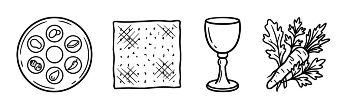 Passover Seder plate, matzah, wine cup, and maror icons, traditional Jewish holiday symbols doodle vector illustration set