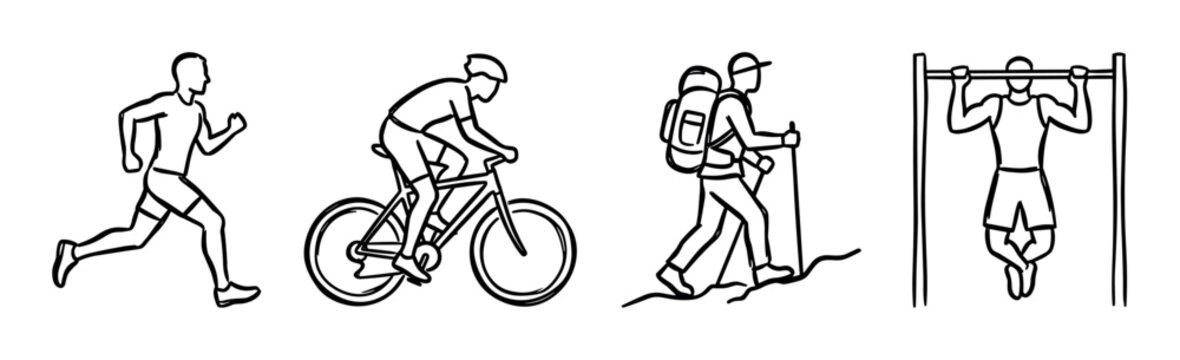 Running man, cycling person, hiking trekker, pull-up exercise icons, depicting various outdoor and fitness activities in a hand-drawn line art style vector illustration