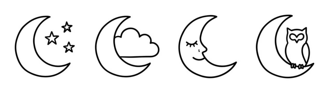 Moon stars cloud sleeping owl icons, celestial night sky elements, simple line art vector illustration for children's books or nursery decor