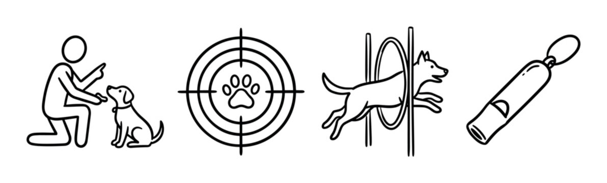 Person training dog, paw print target, dog jumping through hoop, and dog whistle icons, black and white line art vector illustration set