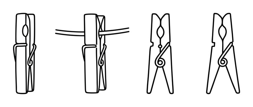 Clothespin laundry peg household items for drying clothes on a line, black and white line art vector illustration
