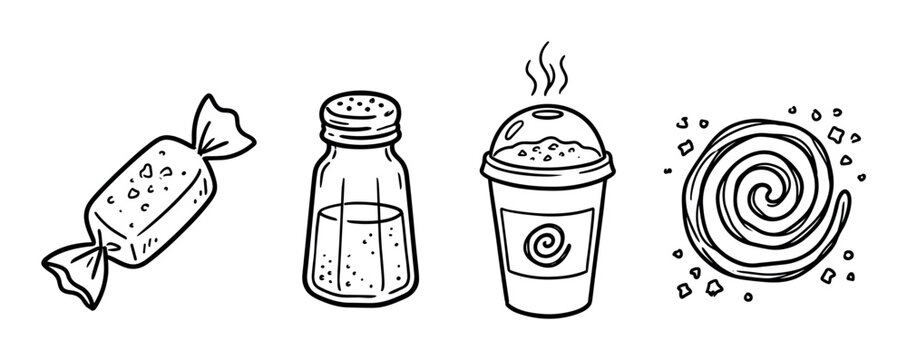 Candy, salt shaker, coffee cup, and cinnamon roll icons in a hand-drawn doodle style vector illustration set for food and drink concepts