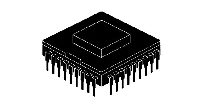 Minimal black silhouette icon, simple flat vector, bold black shape, no, no shading computer chip microprocessor integrated circuit on a, flat icon style