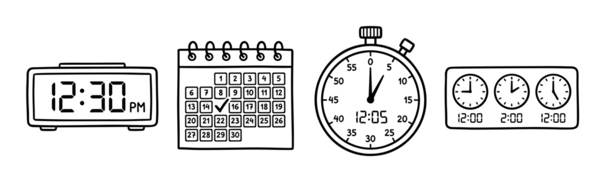 Digital alarm clock, calendar, stopwatch, and world time zone clocks icons set, hand-drawn doodle style vector illustration for scheduling and time management concepts