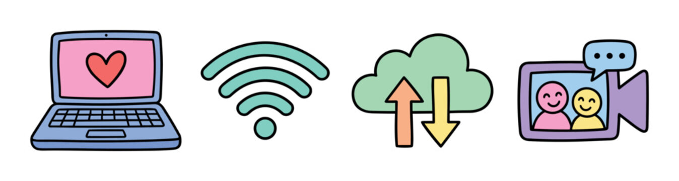 Laptop with heart, WiFi signal, cloud storage, and video call camera icons in a cute doodle style illustration for technology and communication concepts