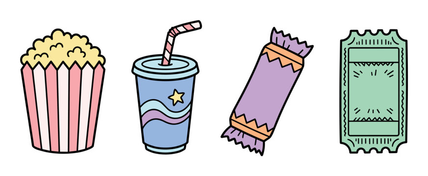 Popcorn box, soda cup, candy bar, and movie ticket icons, a fun cartoon style vector illustration set for cinema entertainment