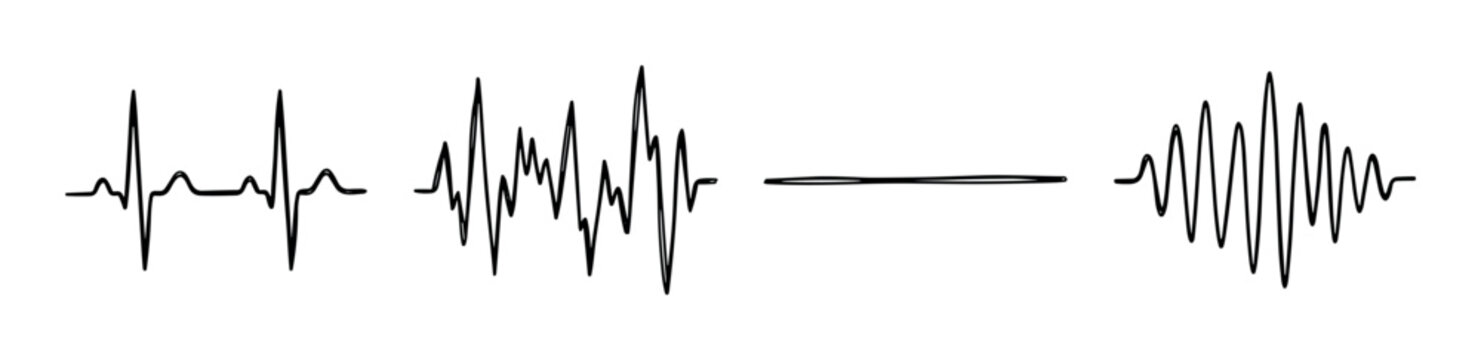 Heartbeat pulse line, sound wave, flat line, and sine wave icons, representing various medical and audio signals in a simple vector illustration style