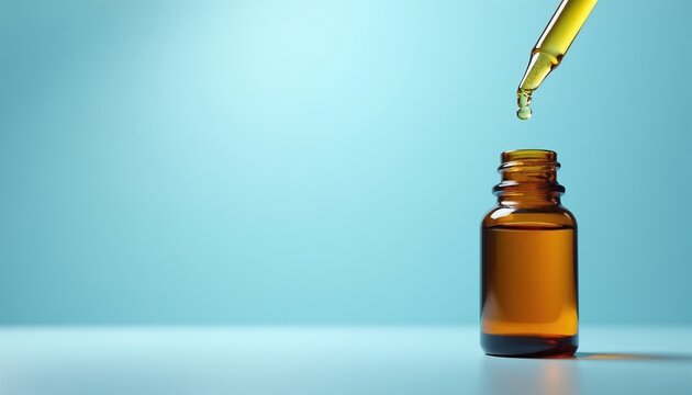 Glass dropper pours yellow liquid into amber bottle. Science lab experiment with cosmetic or medicine. Essential oil production. Health care research. Formulation process.