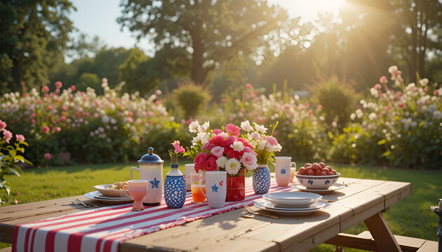 Picnic table displays a festive arrangement of floral bouquets and tableware against a backdrop of sunlit greenery to celebrate a joyful outdoor summer gathering with friends and family.
