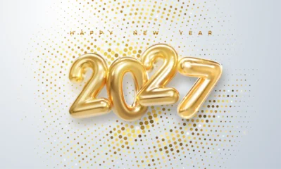 Happy New 2027 Year. Holiday vector illustration of golden metallic numbers 2027 and sparkling glitter pattern. Realistic 3d sign. Festive poster or banner design © maximmmmum