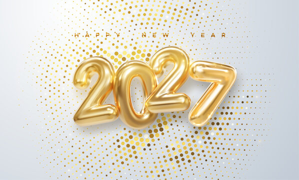 Happy New 2027 Year. Holiday vector illustration of golden metallic numbers 2027 and sparkling glitter pattern. Realistic 3d sign. Festive poster or banner design