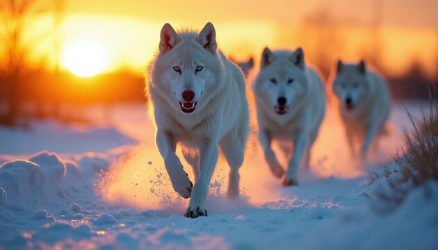 White wolf pack runs on snow at sunset. Majestic predators move together in cold winter landscape. Wild animals hunt in golden hour light, creating warm silhouettes against snow.