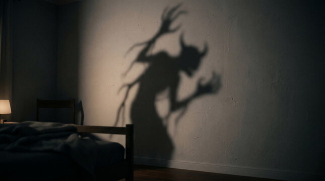 Nightmare Shadow on Wall: A terrifying, horned demon casting a large, menacing shadow on a bedroom wall, evoking fear and the supernatural.