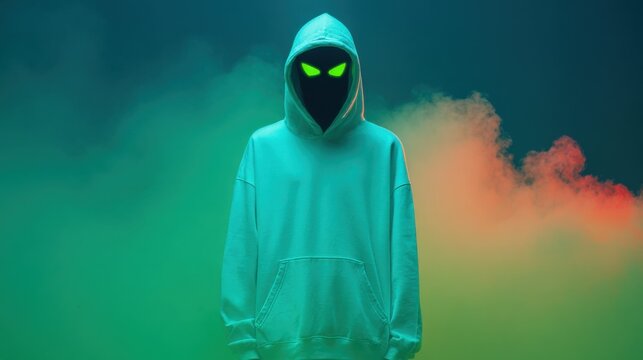Mysterious Figure in Hoodie with Green Eyes and Colorful Smoke