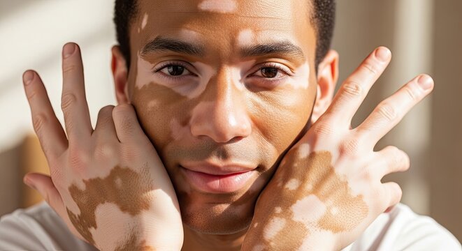 A man with vitiligo patches on his hands and face looking directly at the camera with a neutral expr