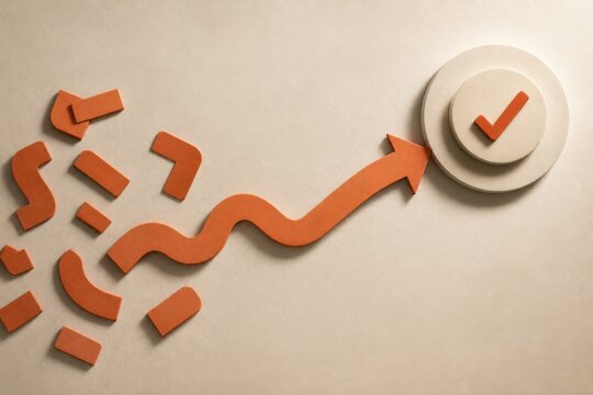 Abstract orange arrow moving from broken pieces toward a target with checkmark on beige background