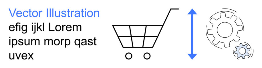 E-commerce, workflow, processes, shopping, business strategy, automation. Shopping cart beside gears and an arrow. E-commerce and workflow concepts visually with elements © robu_s