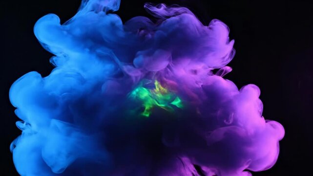 A vibrant explosion of pink and blue ink creates a mesmerizing cloud-like formation against a stark black background, showcasing the beauty of fluid dynamics.