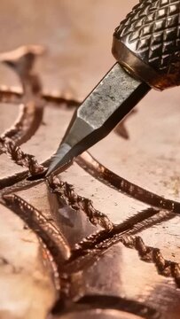 Vertical video: Contacting guideline, beveled blade making cuts on copper plate, forming pattern