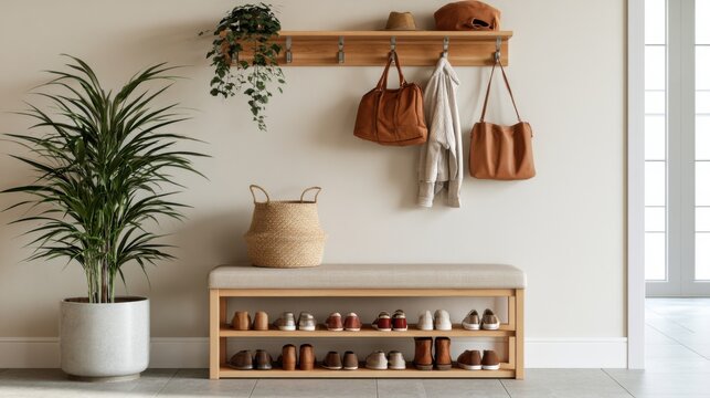 Bright modern entry with shoe cubby and open shelf, bench cushion for quick change, organized rows of footwear, hanging hats and canvas bags, large potted plant, clean neutral palette and airy light.
