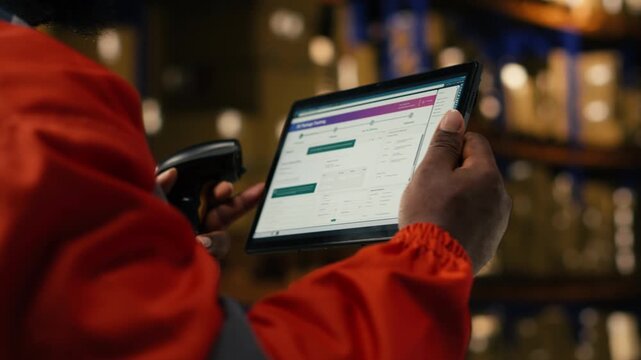Black worker verifying cargo with tablet and scanner for shipment in depot. Supply chain operations combine manual labor and tracking to ensure efficient parcel dispatch and transportation.