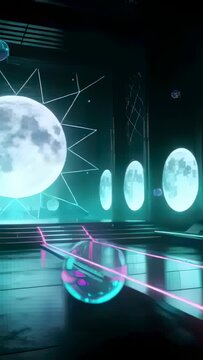 Vertical video: Drifting orb entering right occluding moon-disc refracting neon light on runway