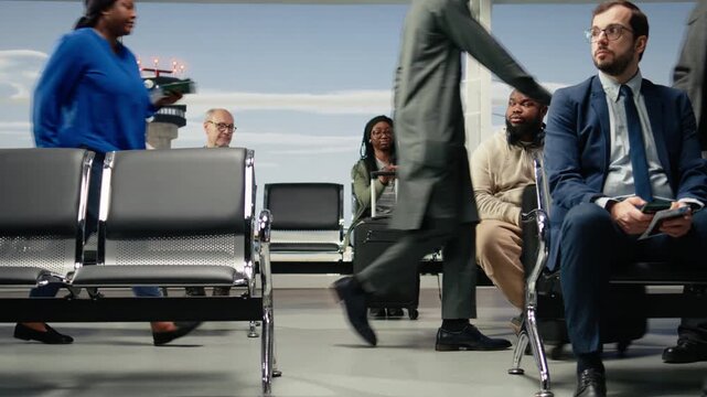 Woman in airport carrying travel essentials, sitting on bench while waiting in busy lounge for plane arrival. African american tourist carrying trolley, backpack and pillow, camera A