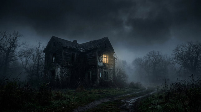 Eerie Abandoned House: A desolate, dilapidated house stands ominously on a misty, overgrown path, with a single window casting a faint, mysterious glow into the encroaching darkness.