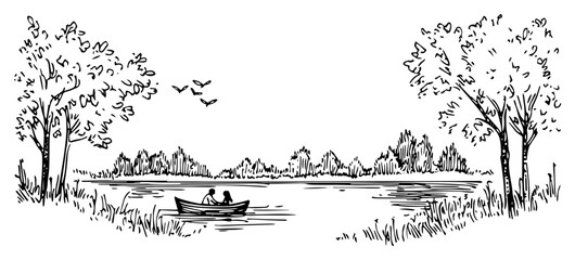 Romantic couple in a rowing boat on a lake landscape, hand drawn nature scenery with trees and river sketch © Luka