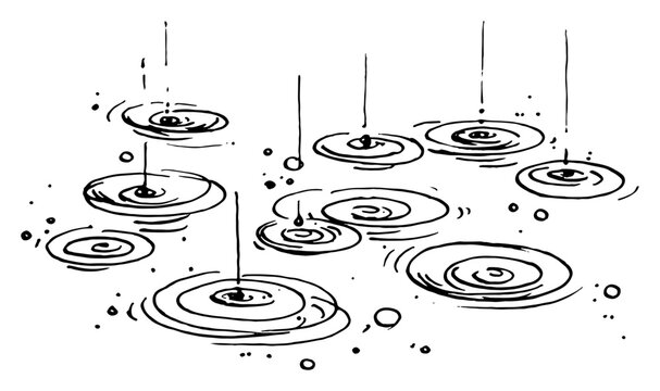 Raindrops falling on water surface creating ripples, concentric circles liquid splash vector hand drawn sketch