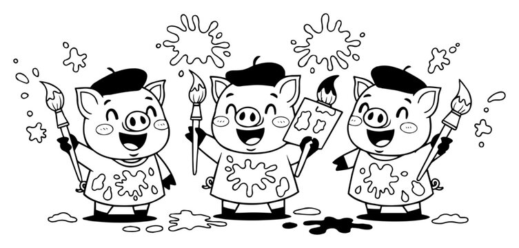 Cute pig artist characters with paint brushes and palettes, happy piglets painting with splatters vector set