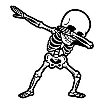 Dabbing skeleton funny character, dancing skull for Halloween party, dab move pose vector line art illustration